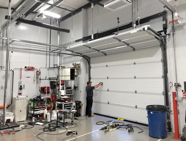 Mint Hill Garage Door Repair certified technician performing commercial door repair at a Mint Hill business facility