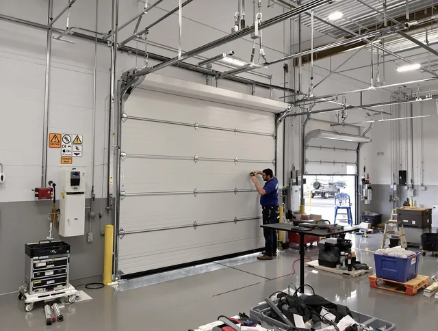 Commercial garage door repair being performed by Mint Hill Garage Door Repair expert in Mint Hill
