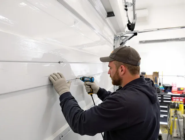 Mint Hill Garage Door Repair technician demonstrating precision dent removal techniques on a Mint Hill garage door