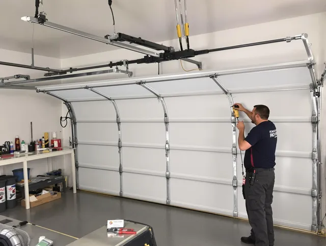 Mint Hill Garage Door Repair certified technician performing overhead door system repair in Mint Hill