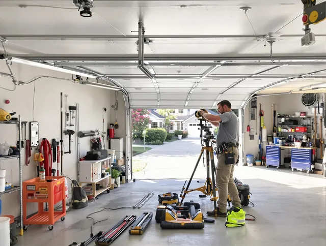 Mint Hill Garage Door Repair specialist performing laser-guided track alignment in Mint Hill